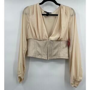 Love X Design Womens Crop Blouse Top Lantern Sleeves V-Neck Tan Beige Large NEW